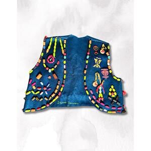 Vintage 60s Campire Girl Handcrafted Beaded Blue Vest